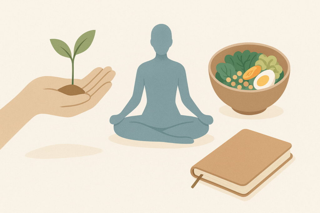 A calm scene with elements like a sprouting plant, a meditation pose, and a healthy meal, illustrating wellness and lifestyle product ideas, selling digital products, selling digital products ideas