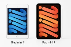 Comparative image showing the iPad Mini 1 (old design) next to the iPad Mini 7 (new all-screen design with Apple Pencil Pro), illustrating the product's decade-long evolution, iPad mini