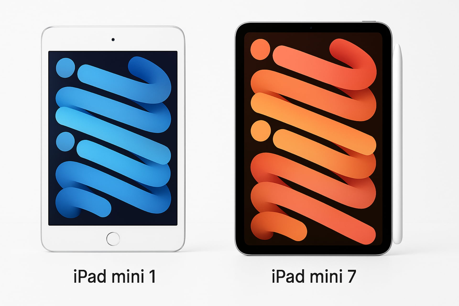 Comparative image showing the iPad Mini 1 (old design) next to the iPad Mini 7 (new all-screen design with Apple Pencil Pro), illustrating the product's decade-long evolution, iPad mini