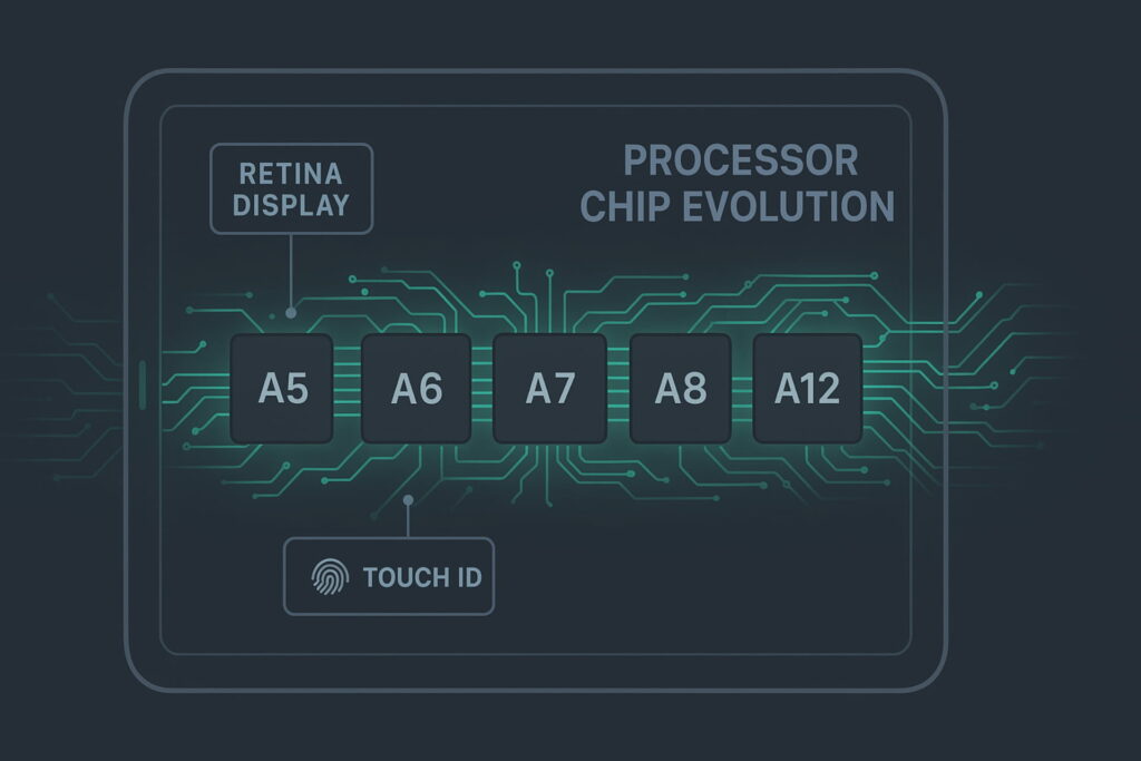 Technical infographic detailing the hardware evolution of the iPad Mini, including the progression from the A5 chip to the A17 Pro, and the introduction of Retina display and Touch ID, iPad mini