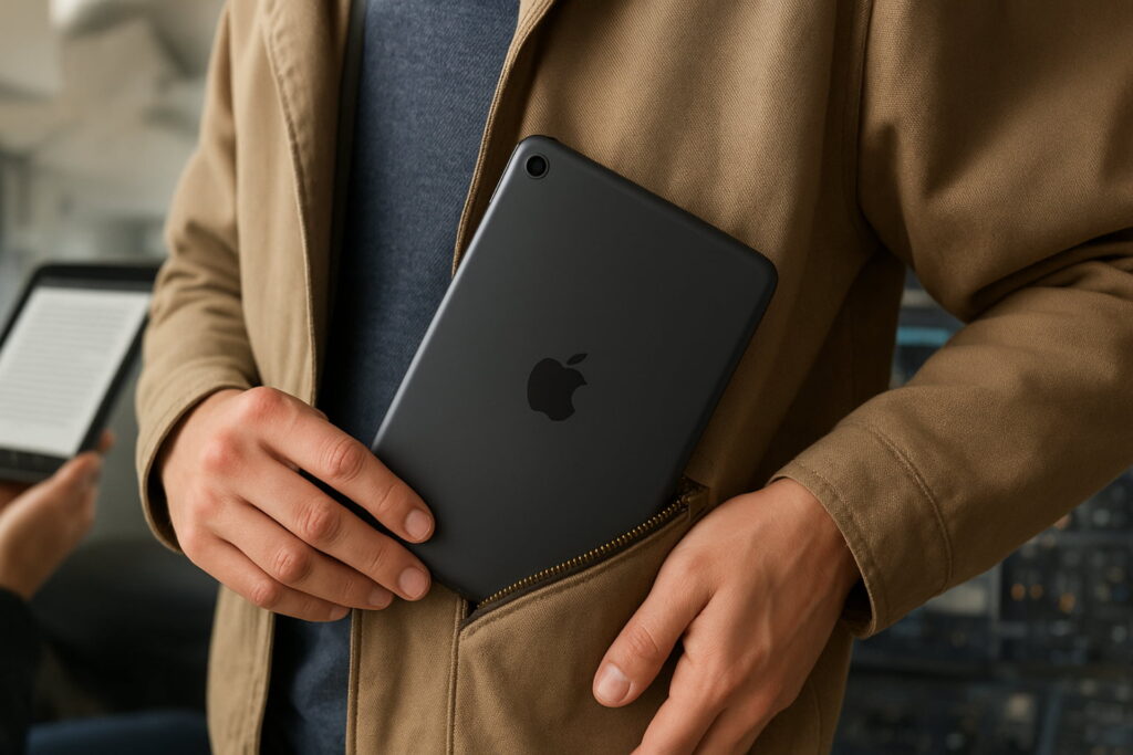 Photo illustrating the compact size of the iPad Mini, showing it easily fitting into a pocket, highlighting its key advantage in portability and one-handed use. iPad mini