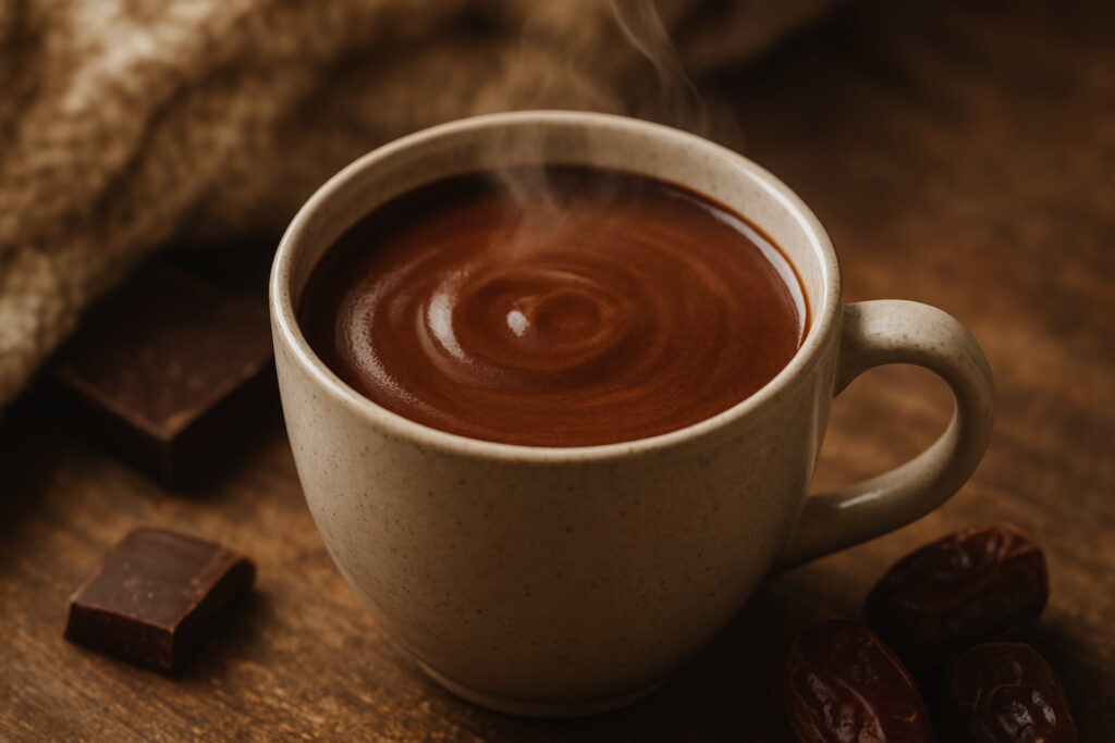 Close-up of a velvety smooth, dark hot chocolate in a ceramic mug, emphasizing the rich, creamy texture of the healthy, sugar-free drink, hot chocolate