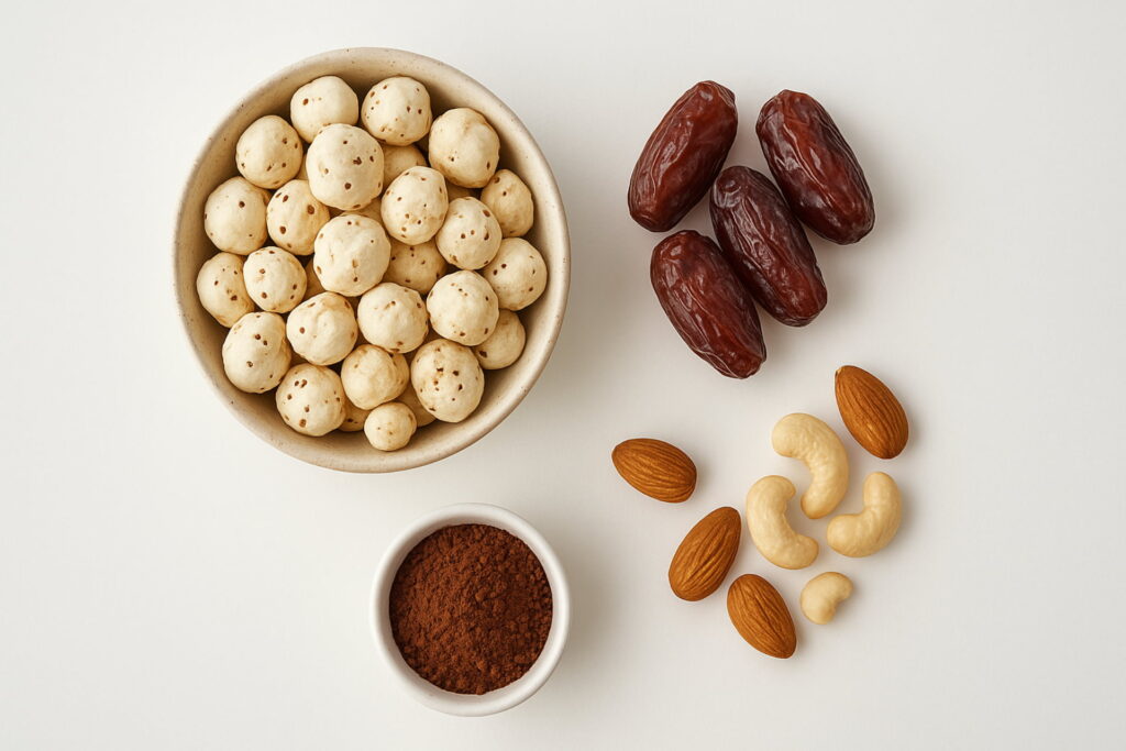 Flat lay image showcasing the core healthy ingredients of the hot chocolate: roasted fox nuts, pitted dates, dark chocolate chunks, and dry fruits, hot chocolate