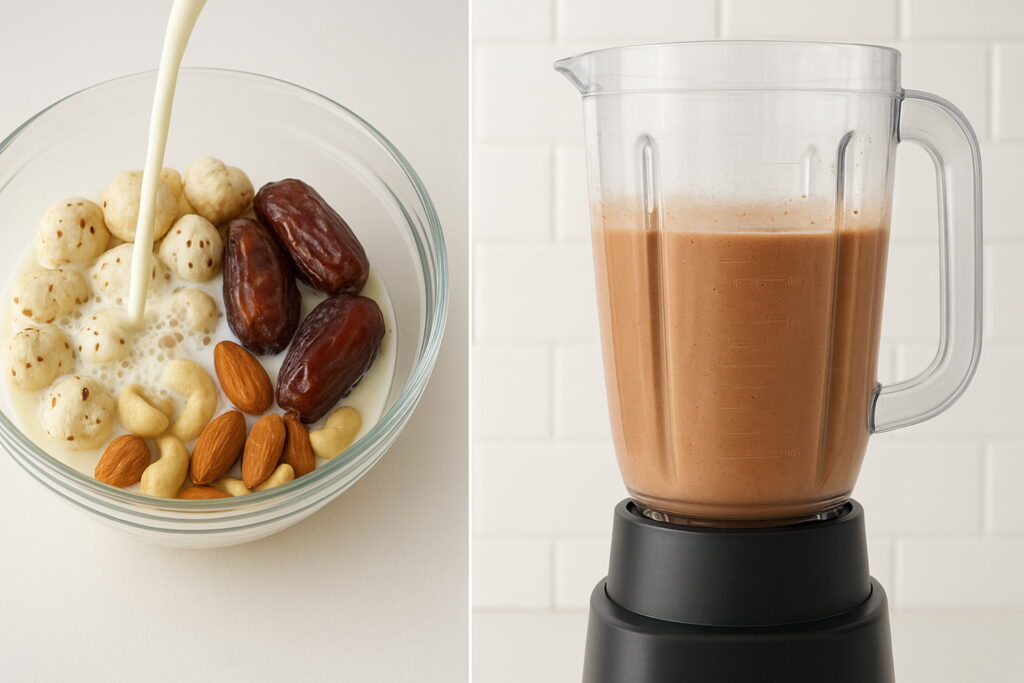 Visual representation of the hot chocolate preparation process: soaking the fox nuts and dates in milk, followed by blending into a fine, smooth paste for a creamy texture, hot chocolate