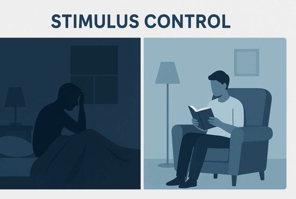 Graphic illustrating Stimulus Control Therapy (CBT-I fix): moving out of bed when unable to sleep to a calm area to read, thereby breaking the association between bed and wakefulness, insomnia