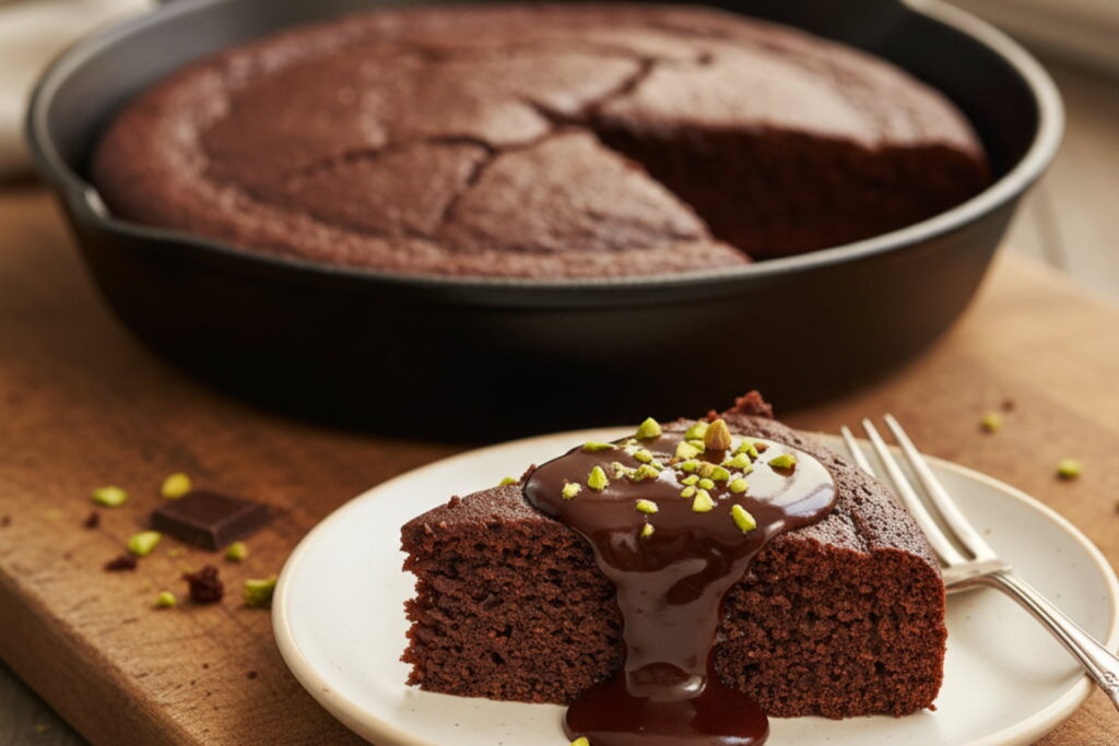Spongy and moist Chocolate Cake baked directly in a frying pan (no-oven) with rich homemade chocolate sauce, chocolate recipes