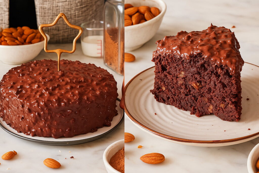 A rich homemade chocolate cake covered in crunchy chocolate frosting displayed beside a slice of the same cake, showing its moist, nutty chocolate interior, chocolate recipes