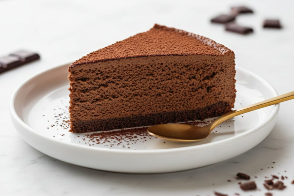 Slice of rich, dark No-Bake Chocolate Mousse Cake dusted with cocoa powder, showing its creamy, airy texture, chocolate recipes