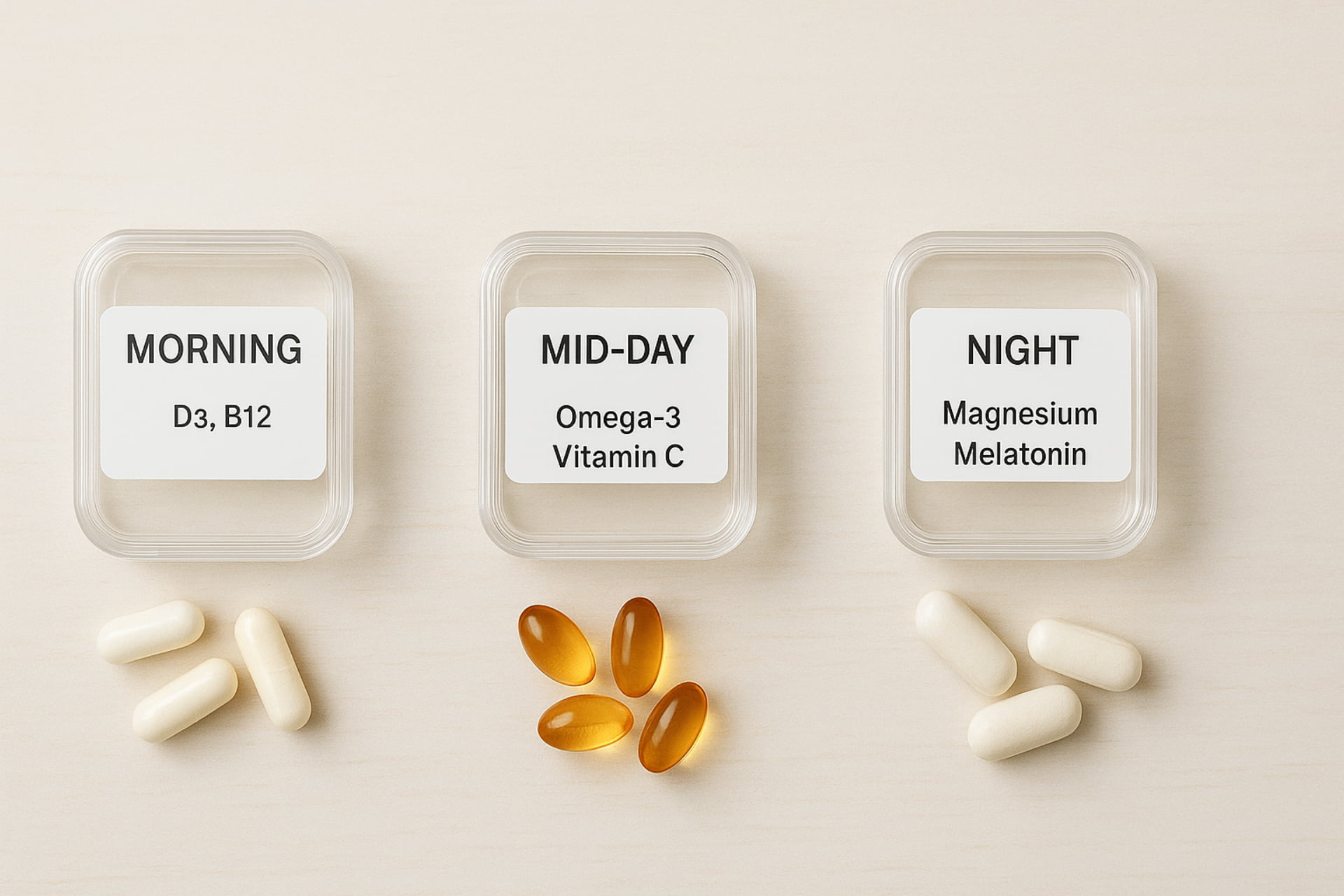 Organized daily supplement routine showing the best time for different pills: Vitamin D3 and B12 in the morning, Omega-3 at mid-day, and Magnesium Glycinate for sleep at night (Best Time to Take Supplements), supplements