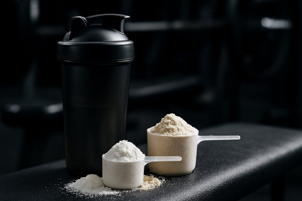 Post-workout supplement stack: Creatine Monohydrate powder and Whey Protein Isolate in a scoop, emphasizing correct Creatine Monohydrate dosage and muscle recovery,  supplements.