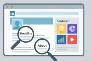 Professional LinkedIn profile optimization guide highlighting the strategic placement of SEO keywords in the headline, summary, and featured section for maximum search visibility, LinkedIn Marketing