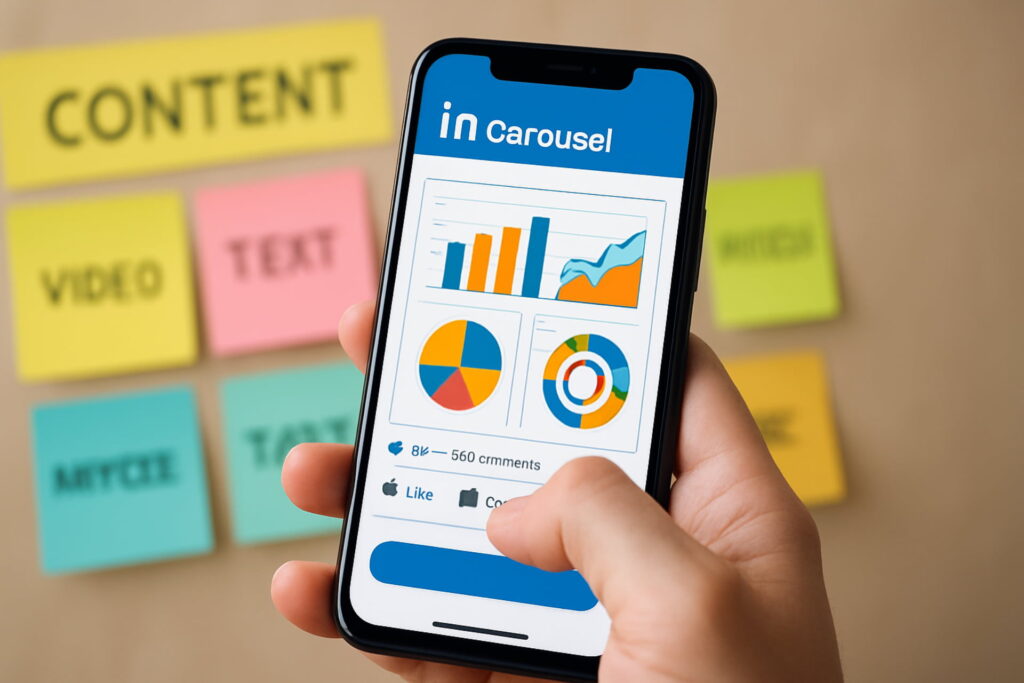 Strategic LinkedIn Content Marketing showing an engaging Carousel Post and content calendar, emphasizing the importance of visual content for higher algorithm reach, LinkedIn marketing