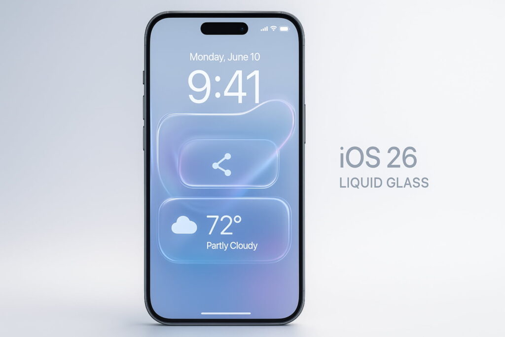 iOS 26 Liquid Glass interface on a modern iPhone with a futuristic UI, iOS 26