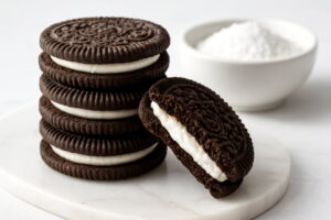 A stack of sugar-free Copycat Oreo Cookies on a marble counter, with one cookie twisted to show the thick, creamy, low-carb filling. Perfect for keto and gluten-free diets, sugar-free oreo