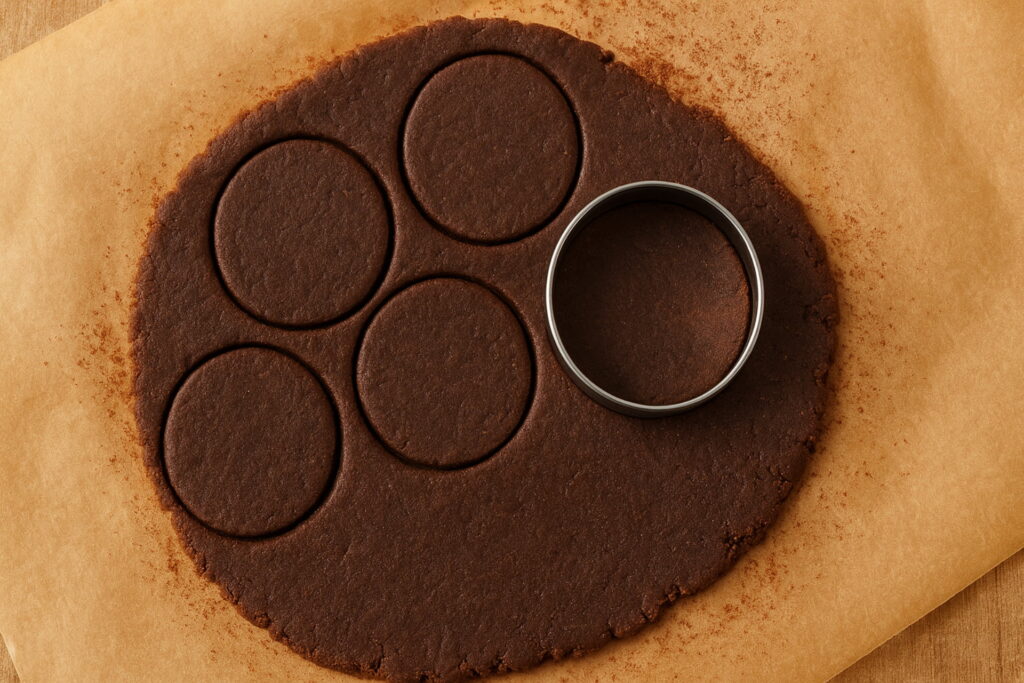 Rolling out the dark, unsweetened cocoa cookie dough between parchment paper using a round cutter, demonstrating the technique for uniform Sugar-Free Copycat Oreo cookie thickness, Sugar-Free Oreo