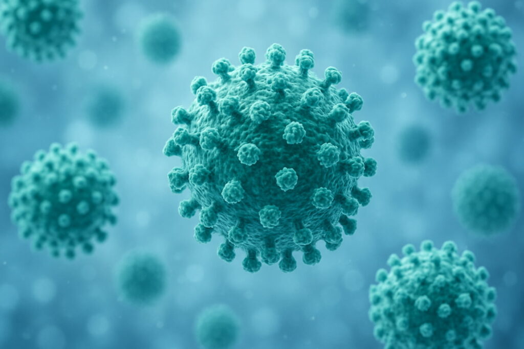 Microscopic illustration of Norovirus particles, the highly contagious virus responsible for the Winter Vomiting Disease and acute gastroenteritis, norovirus