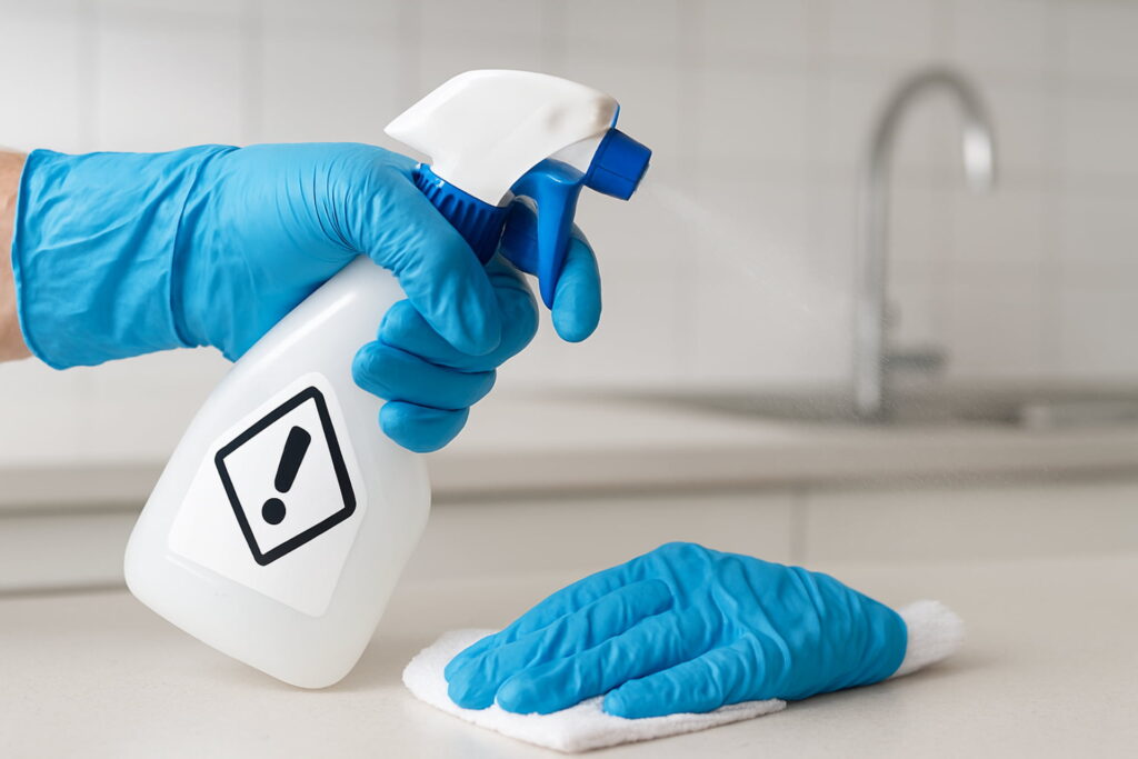 Effective disinfection of household surfaces using a bleach solution to kill Norovirus quickly and prevent the spread of the contagious winter vomiting disease, norovirus