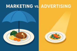 Infographic illustrating the difference between Marketing (the overall strategy/full meal) and Advertising (a specific paid tactic/single dish), marketing vs advertising