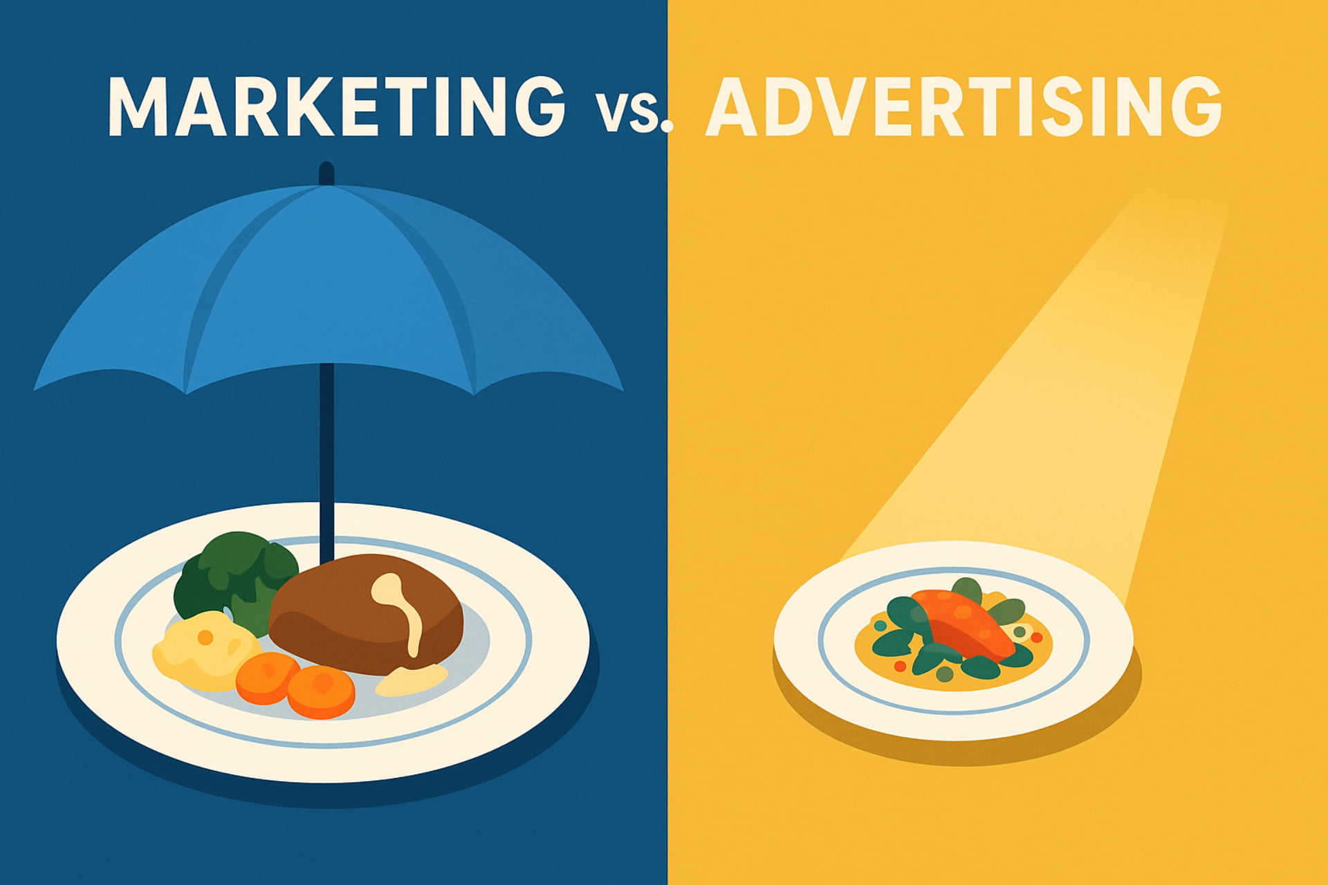 Infographic illustrating the difference between Marketing (the overall strategy/full meal) and Advertising (a specific paid tactic/single dish), marketing vs advertising
