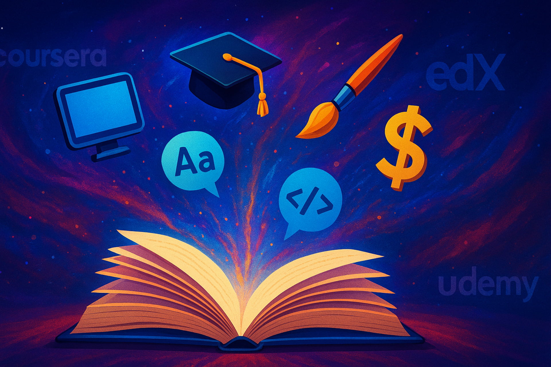 Conceptual image illustrating the vast landscape of online learning, showing icons representing coding, business, art, and language skills emerging from a central book, online learning platforms