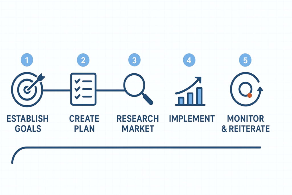 Visual representation of the 5-Step Marketing Campaign Strategy: from establishing SMART goals and market research to implementation and monitoring results, marketing vs advertising