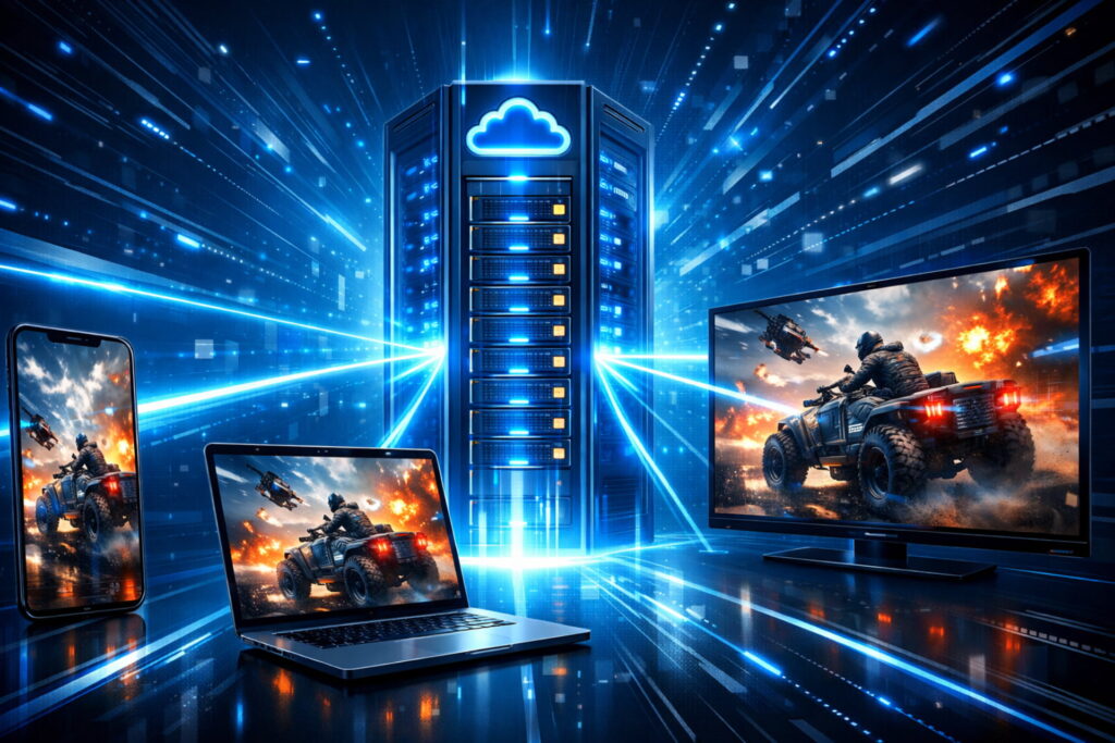 Conceptual image illustrating cloud gaming: a powerful remote server streaming a high-resolution video game simultaneously to multiple low-spec devices like a phone and laptop, gaming cloud