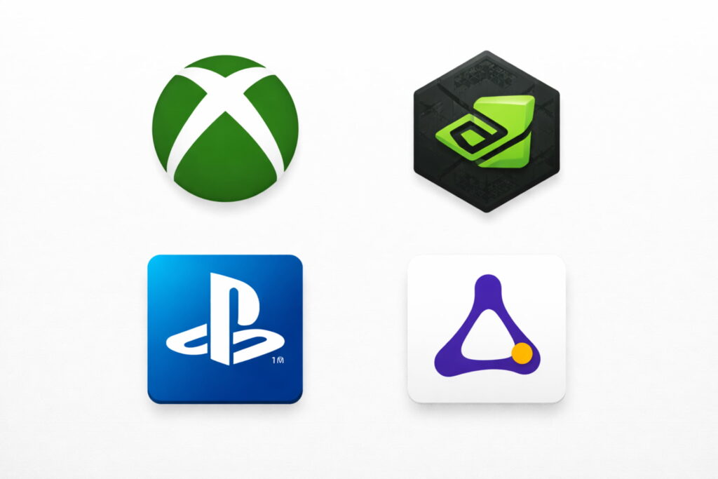 Logos representing the best cloud gaming platforms, including Xbox Cloud Gaming, Nvidia GeForce Now, and Amazon Luna, highlighting the current service options available to users, gaming cloud
