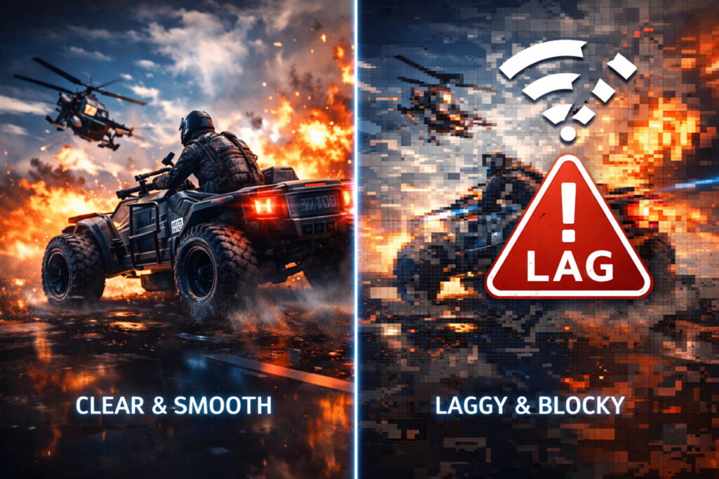 Visual comparison showing the negative downside of cloud gaming: a screen with high latency and video compression artifacts compared to a smooth, low-lag gaming experience, gaming cloud