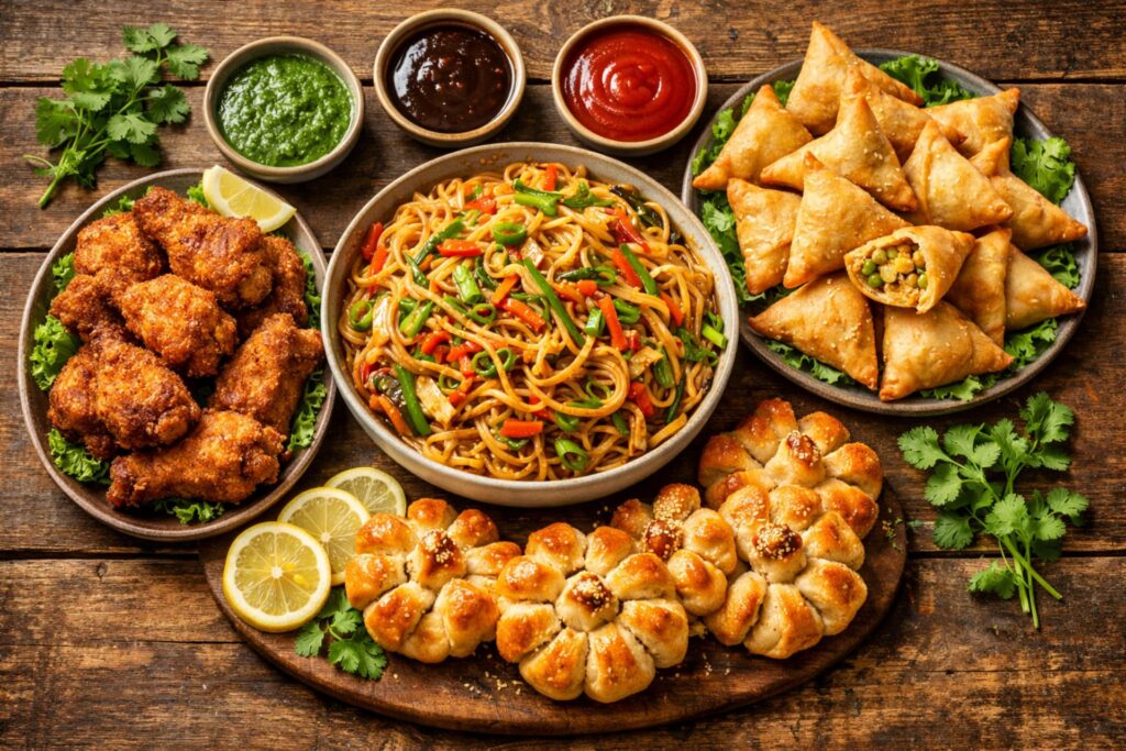 A delicious spread of four homemade recipes including street-style chowmein, crispy samosas, fried chicken legs, and paneer bread snacks on a rustic table, snacks