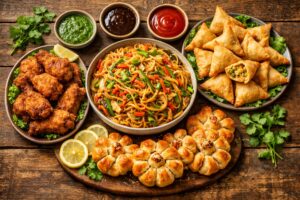 A delicious spread of four homemade recipes including street-style chowmein, crispy samosas, fried chicken legs, and paneer bread snacks on a rustic table, snacks