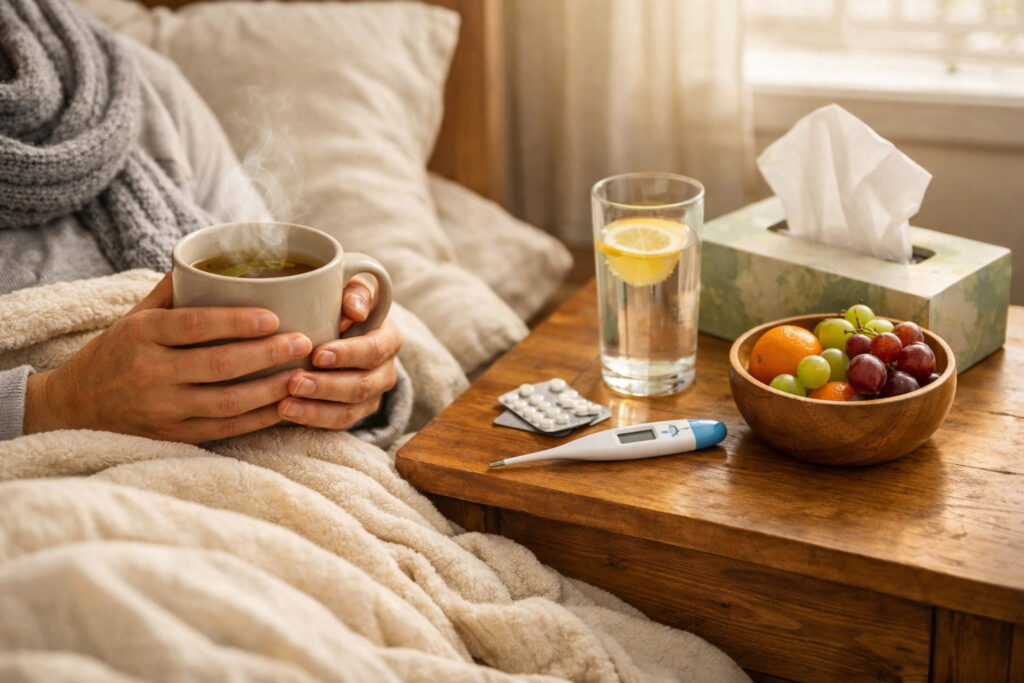 A person resting in bed surrounded by flu recovery essentials including hot tea, water for hydration, and a thermometer, illustrating home treatment for influenza symptoms, influenza