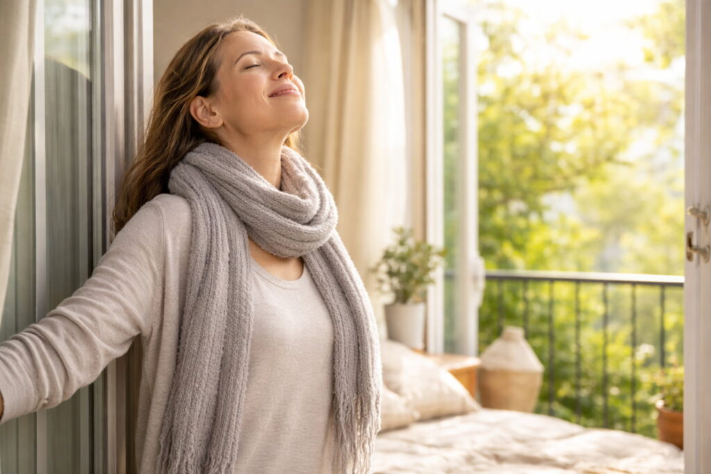 A healthy person breathing fresh air by a sunny window, symbolizing a successful recovery from influenza and a return to wellness, influenza