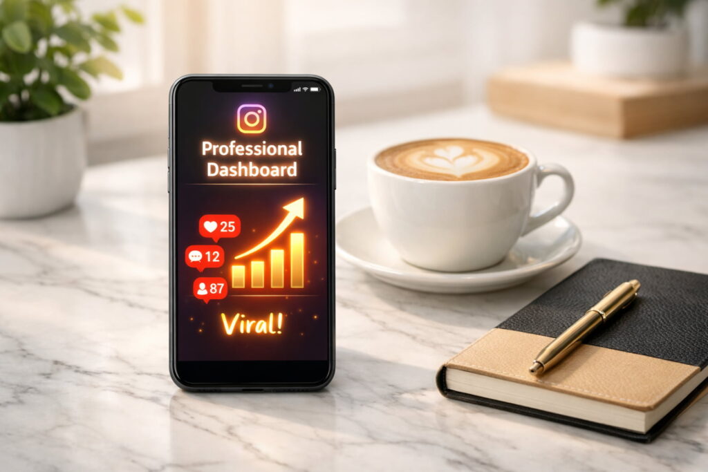 A smartphone showing Instagram professional dashboard growth analytics and viral notifications on a bright aesthetic office desk, instagram reach secrets