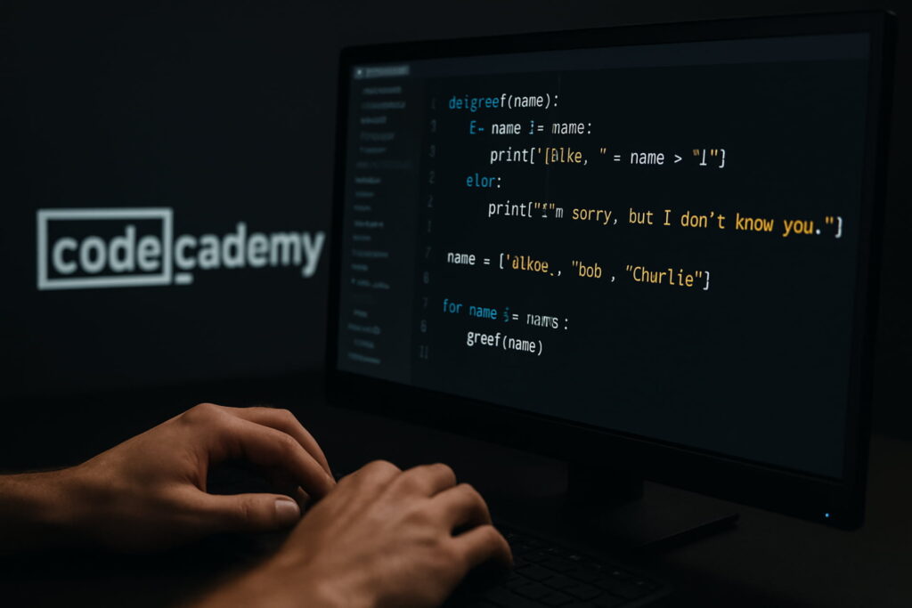 Professional image focusing on coding education, showing lines of clean code on a monitor, representing platforms like Codecademy and freeCodeCamp for learning tech skills, online learning platforms