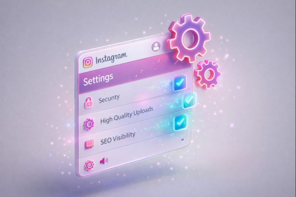 3D illustration of Instagram settings and menu options for optimizing reach and high-quality reel uploads, instagram reach secrets