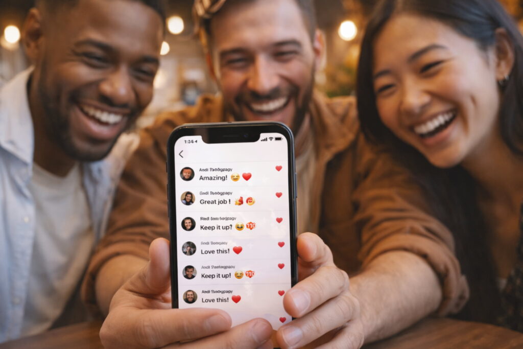 A group of people interacting with Instagram comments on a phone, representing community engagement and personal connection, Instagram reach secrets 