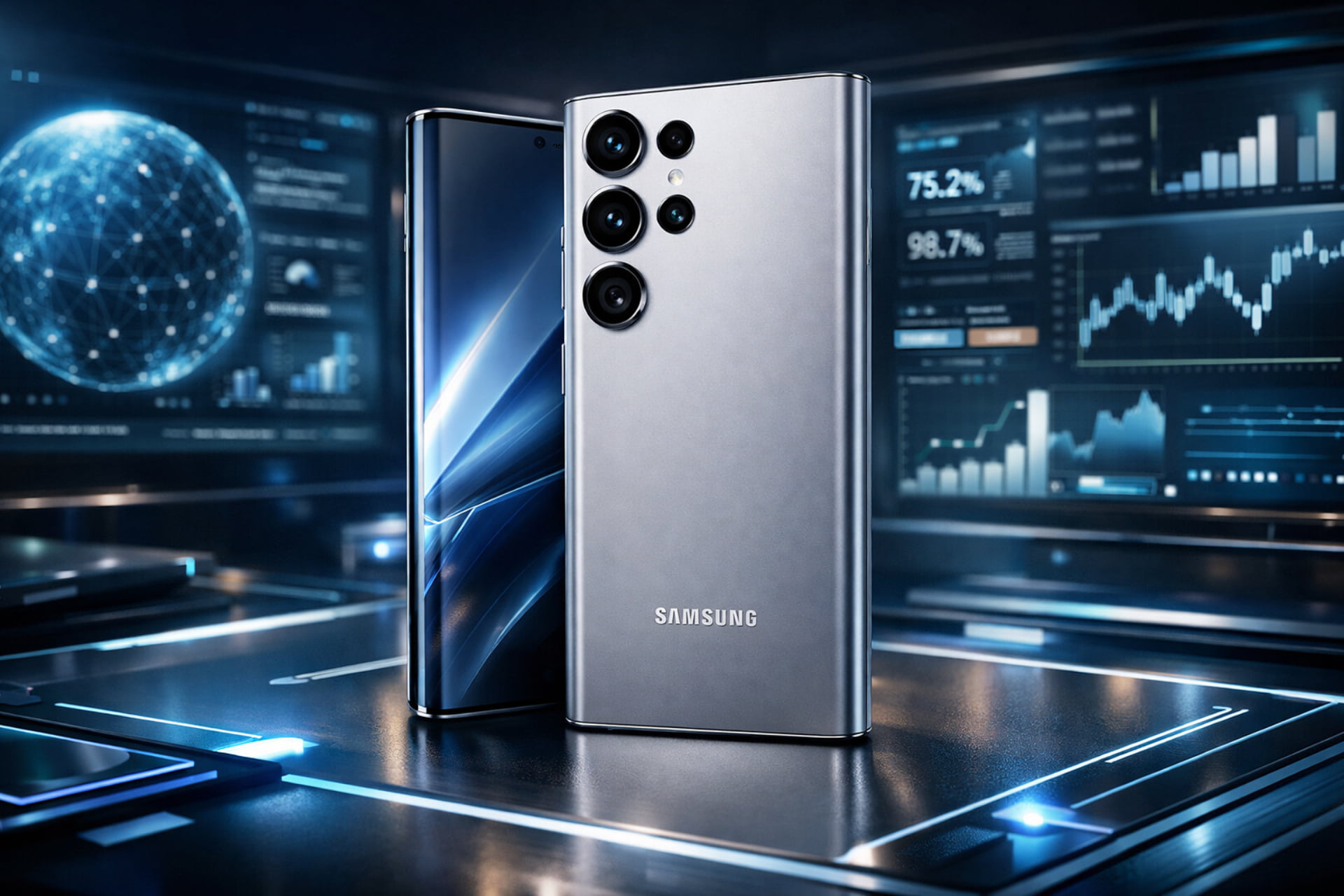 Samsung Galaxy S26 Ultra titanium silver design with rounded corners and quad camera system, samsung galaxy S26