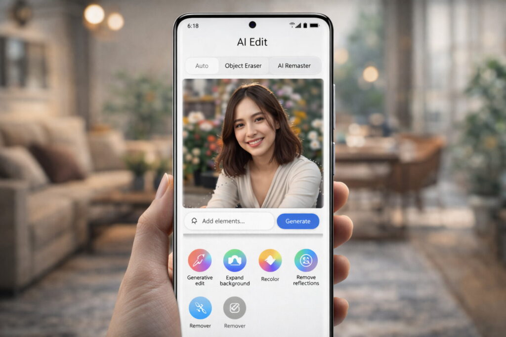 Samsung OneUI 8.5 interface on Galaxy S26 showing AI photo assist features, samsung galaxy S26