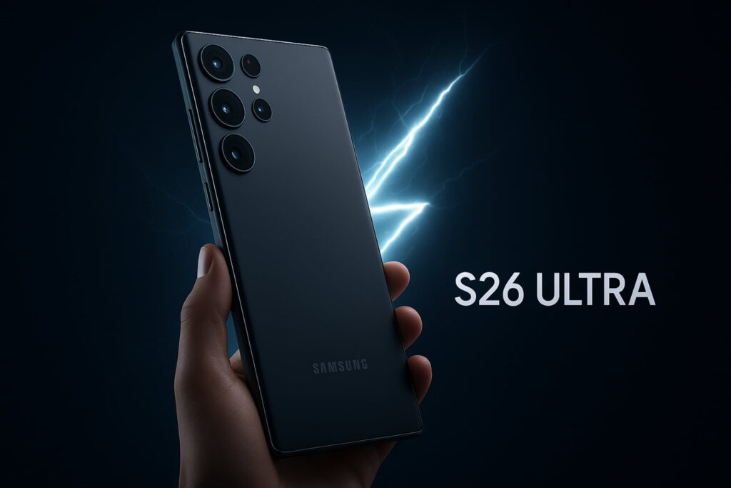 Futuristic rendering of the ultra-thin Samsung Galaxy S26 Ultra, featuring a visible titanium frame and subtle lightning effects to symbolize the rumored 65W fast charging capability, samsung galaxy s26