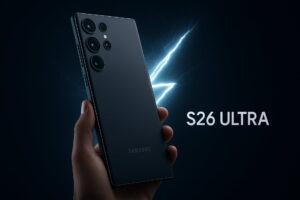 Futuristic rendering of the ultra-thin Samsung Galaxy S26 Ultra, featuring a visible titanium frame and subtle lightning effects to symbolize the rumored 65W fast charging capability, samsung galaxy s26