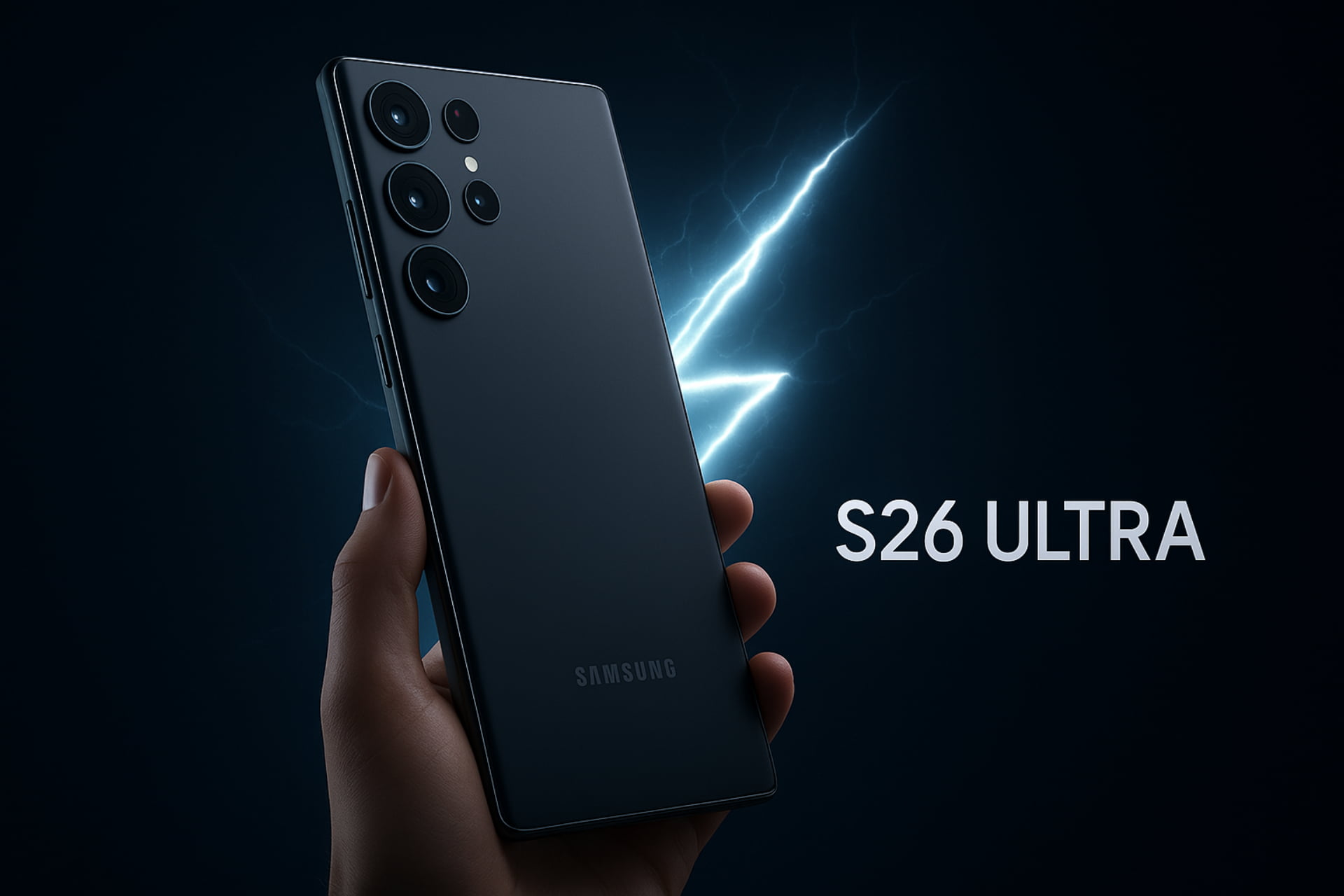 Futuristic rendering of the ultra-thin Samsung Galaxy S26 Ultra, featuring a visible titanium frame and subtle lightning effects to symbolize the rumored 65W fast charging capability, samsung galaxy s26