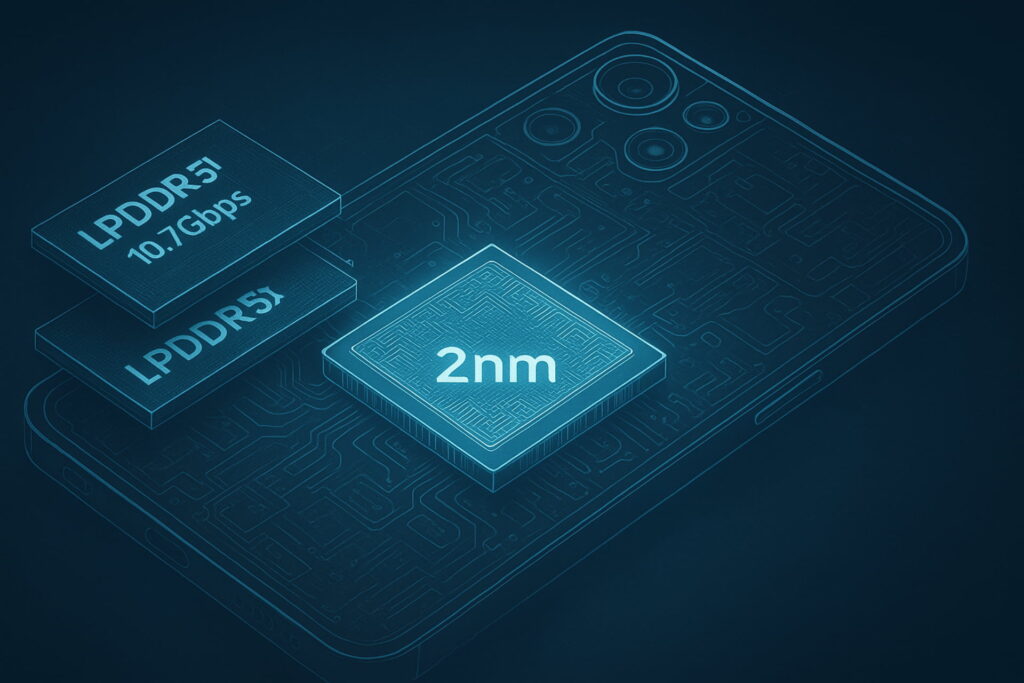 Technical illustration showing the internal components of the Galaxy S26, highlighting the next-generation Snapdragon/Exynos processor and the high-speed LPDDR5X RAM chips. samsung galaxy s26