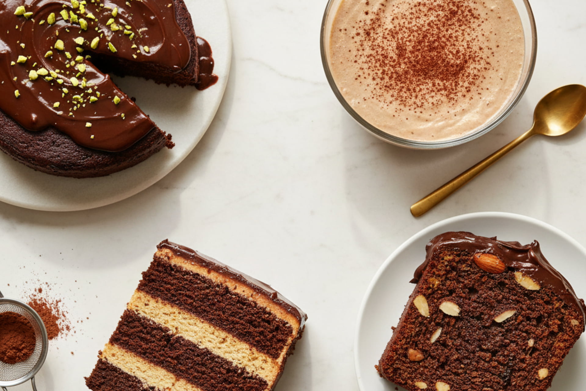 Collection of four healthy Chocolate Cake Recipes: No-Oven Pan Cake, rich No-Bake Mousse Slice, creamy Paneer Chocolate Pudding, and wholesome Almond Ragi Mocha Cake, chocolate recipes