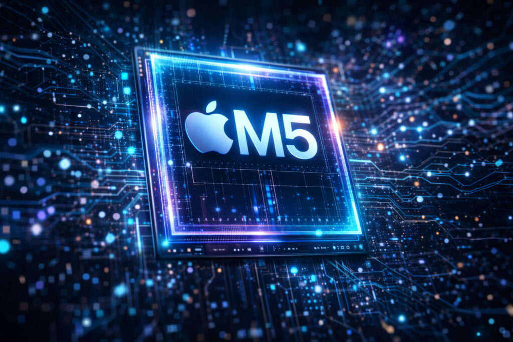 Apple M5 chip 3D render symbolizing AI performance and advanced neural engine processing power, MacBook Pro