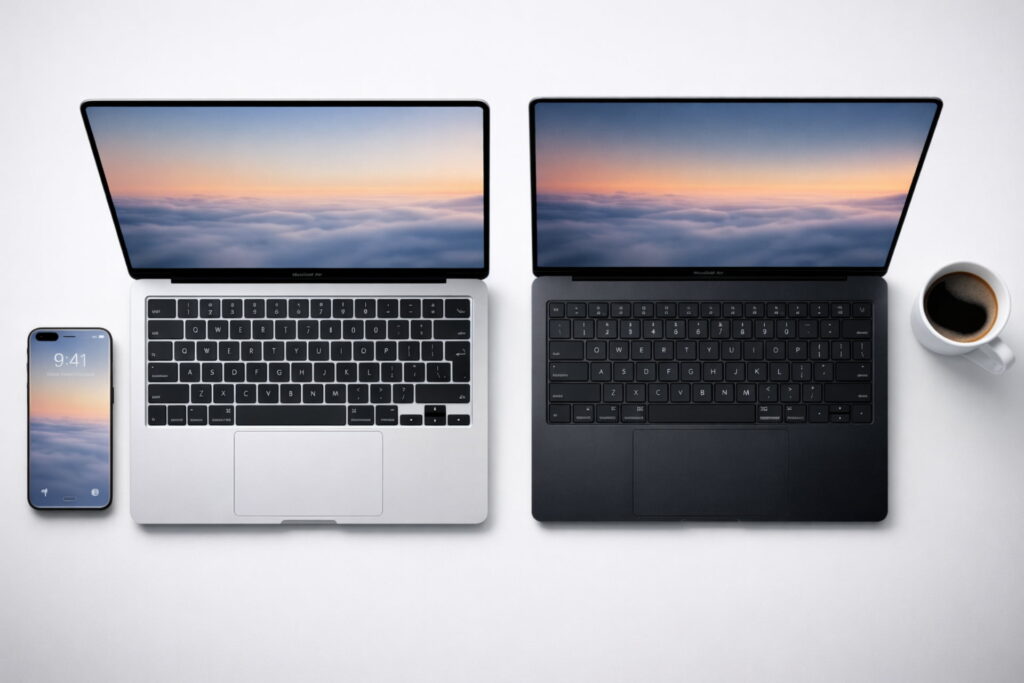 Comparison of MacBook Air and MacBook Pro on a desk to help users choose the right model, MacBook Pro