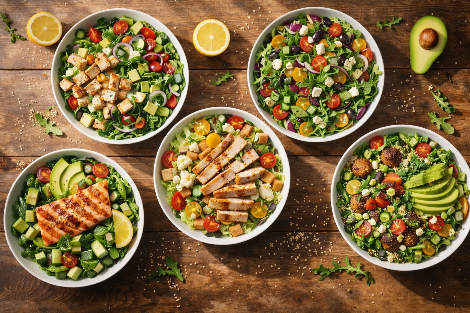 Five different healthy chef-style salads in white bowls on a rustic wooden table, healthy salad