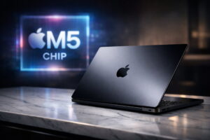 Professional shot of the 2026 MacBook Pro in Space Black featuring the high-performance M5 chip, MacBook Pro