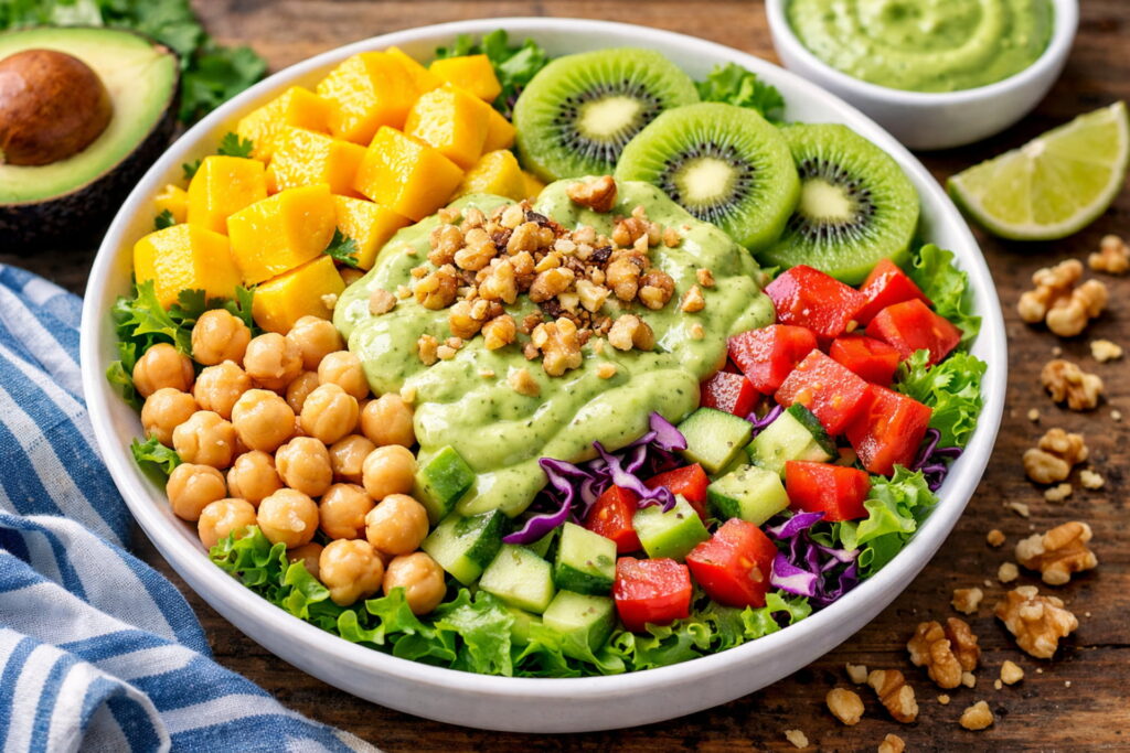 Tropical mango and chickpea salad bowl with creamy avocado dressing and walnuts, healthy salad