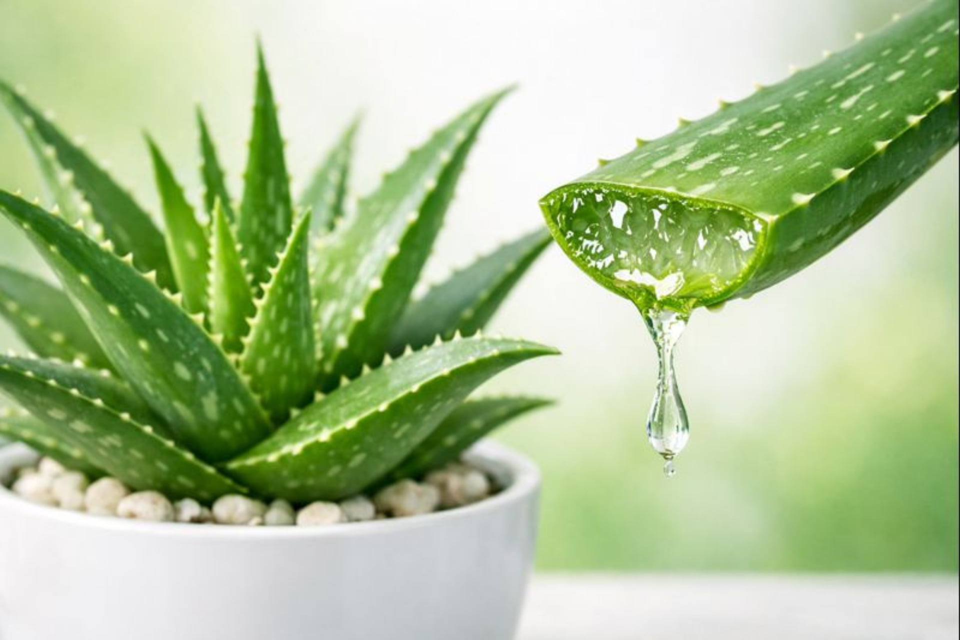 Fresh Aloe vera plant with a cut leaf showing clear medicinal gel, Aloe Vera