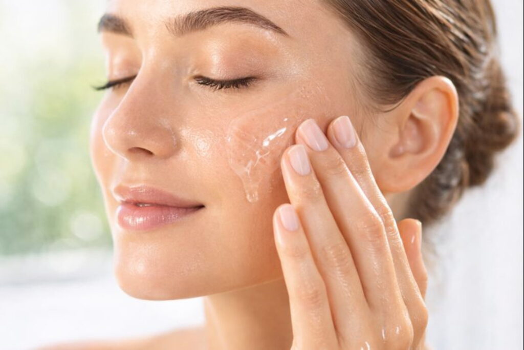 Applying natural Aloe vera gel to the face for hydration and anti-aging, Aloe Vera